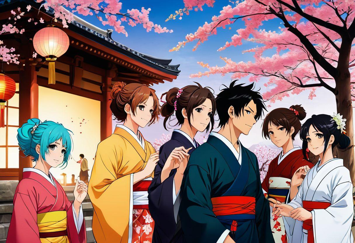 A vibrant and colorful illustration showcasing a diverse group of anime characters engaging in various cultural activities, blending elements of eroticism with community interactions. The background should feature traditional Japanese motifs intermingled with modern anime aesthetics, symbolizing the fusion of cultures. Include expressions of joy and connection among the characters, capturing the essence of community. Use a dynamic composition to evoke curiosity and exploration. super-realistic. vibrant colors. manga art style.