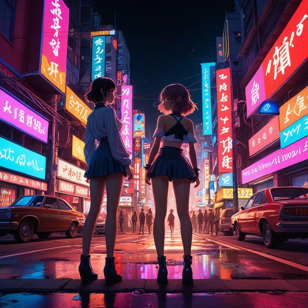 An artistic fusion of vibrant animated characters in various adult contexts, standing at a crossroads symbolizing the intersection of hentai and traditional adult entertainment. Surround them with elements representing cultural boundaries, like flags and musical notes blending together. Showcase a whimsical, yet provocative atmosphere with neon lights in the background. Highlight bold colors and fantastical elements to create a captivating scene. surreal style. vibrant colors. 3D.